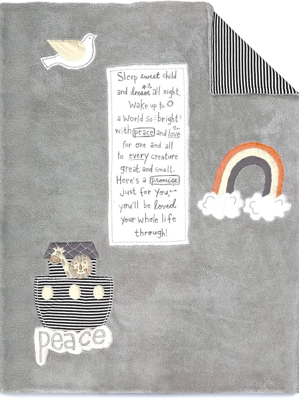 Demdaco Gray Noahs Ark Rainbow Dove Plush Baby Blanket Black White Stripe
